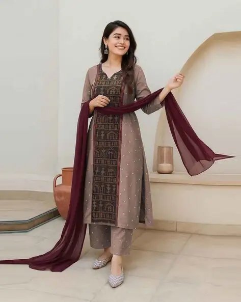 Brown Women Printed Straight Kurta Suit Set