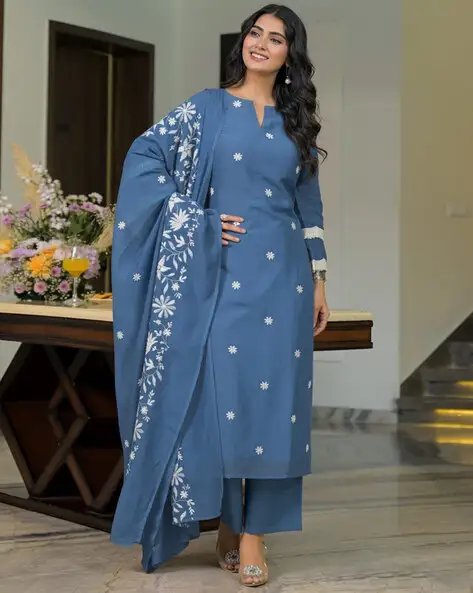 Blue Women Embroidered 3 Piece Straight Kurta Set