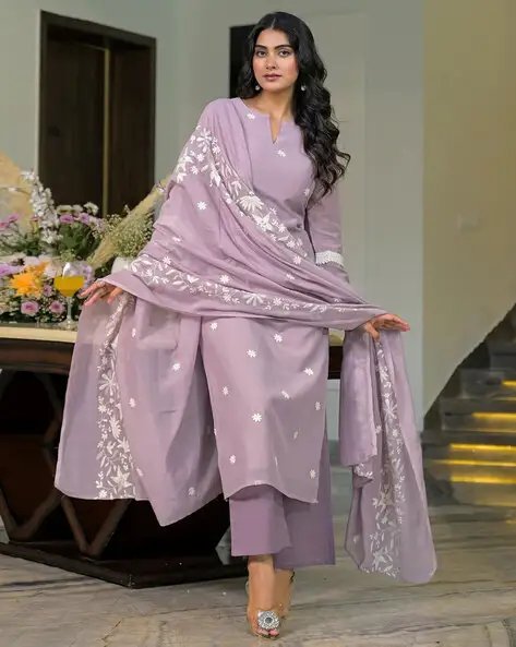 Purple Women Embroidered Straight Kurta Suit Set