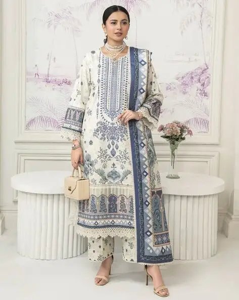 White Women Floral Print Straight Kurta Suit Set