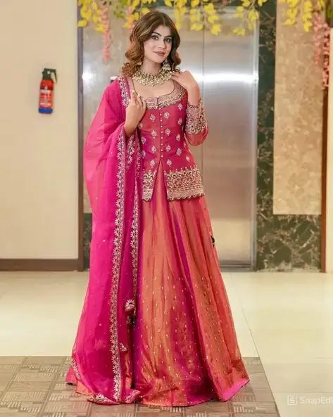 Pink Women Embroidered Flared Kurta With Skirt & Dupatta