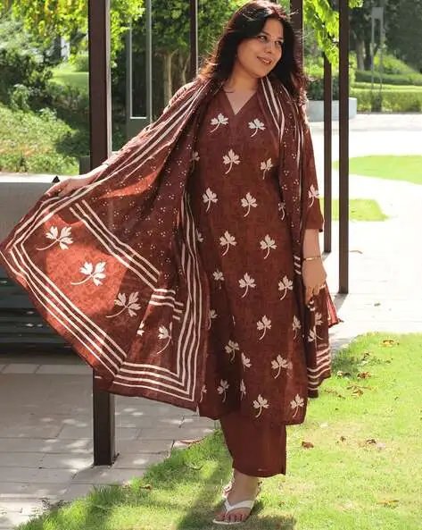 Brown Women Leaf Print Straight Kurta Suit Set