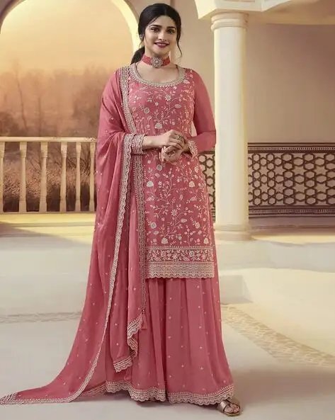 Peach Women Embroidery Straight Kurta Set