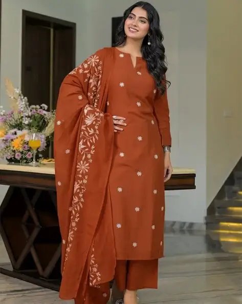 Brown Women Embroidered 3 Piece Kurta Suit Set