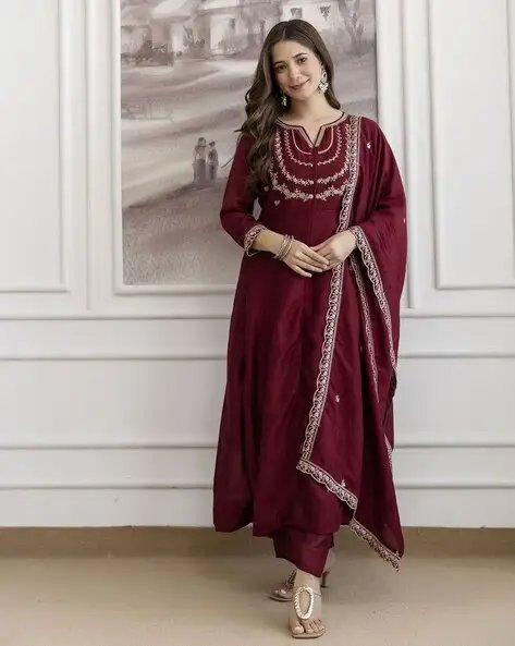 Maroon Women Embroidered Anarkali Kurta Suit Set