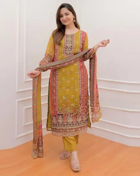 Mustard Women Embroidered Straight Kurta Suit Set