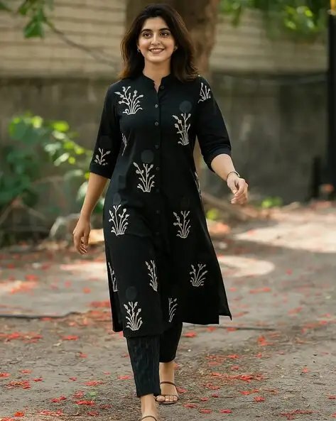 Black Women Floral Print Straight Kurta Set