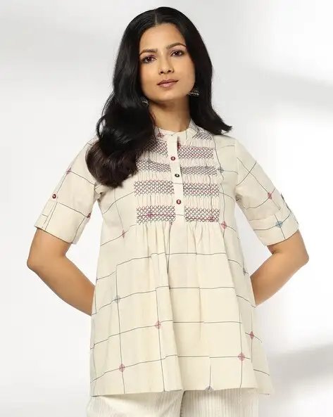 White Women Checked Flared Tunic