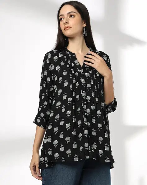 Black Women Floral Print Pintucks A Line Tunic