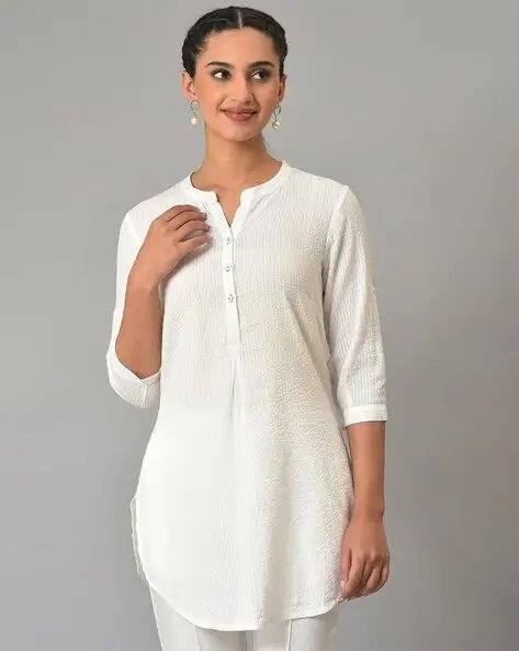 White Kurti With Mandarin Collar
