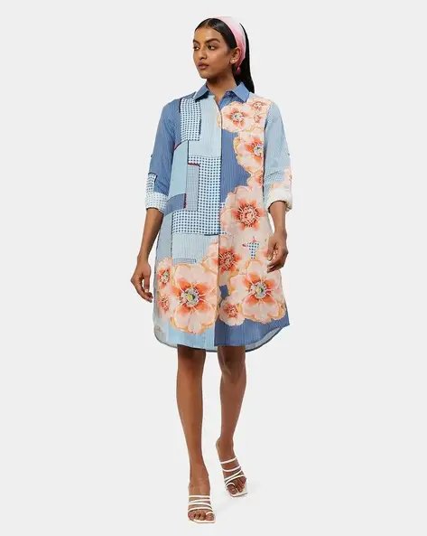 Blue Floral Print Shirt Tunic With Insert Pocket