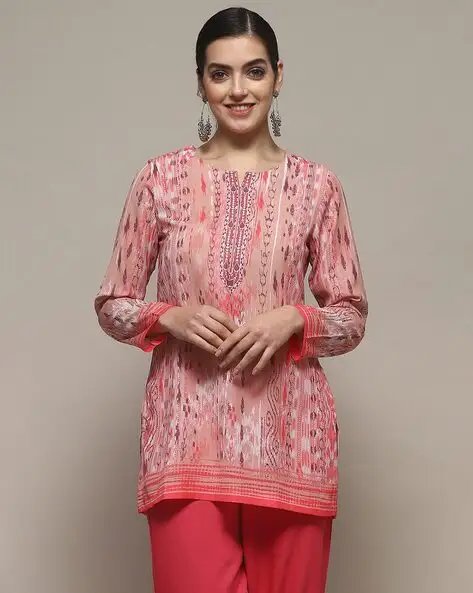 Pink Polyester Straight Kurti