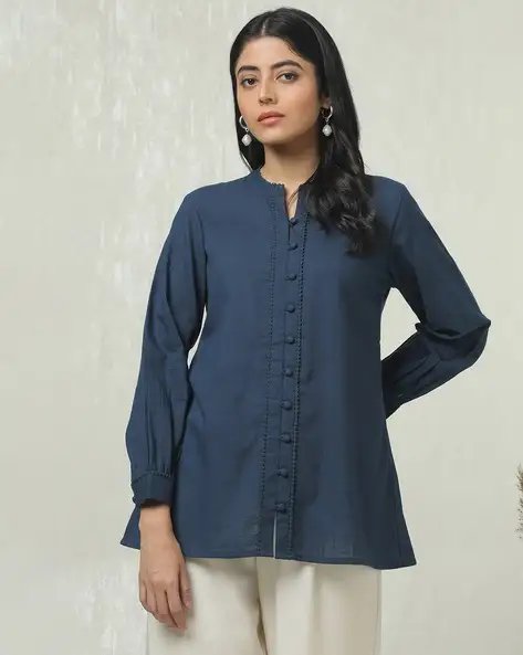 Navy Blue Women Notch Neck A Line Tunic