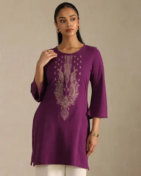 Purple Women Embroidered Straight Kurti