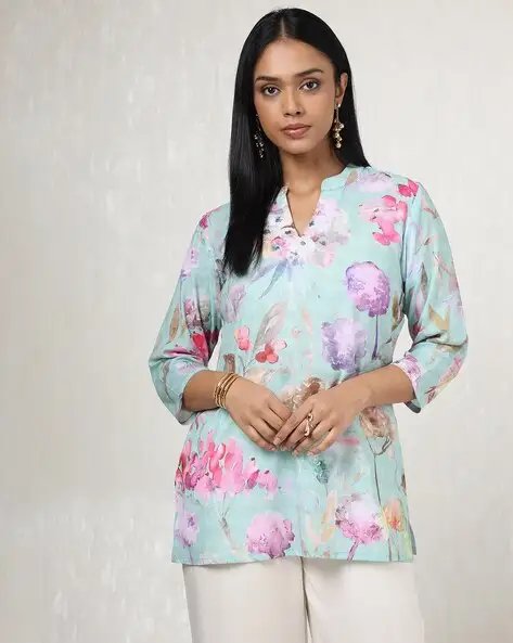 Green Women Floral Print Straight Tunic