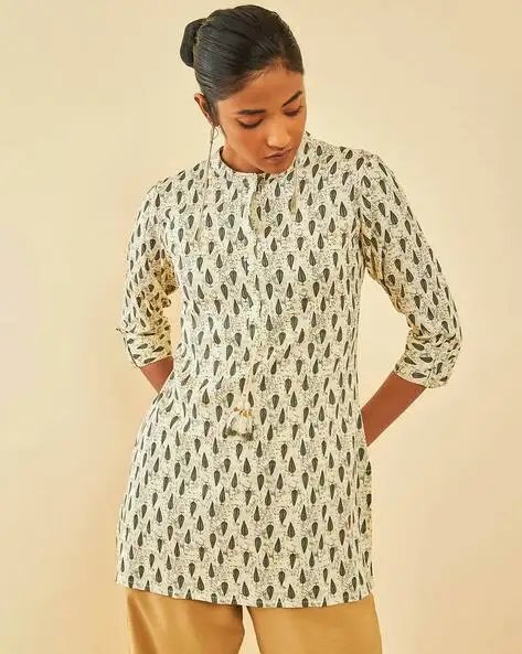 Cream Women Leaf Print A Line Tunic