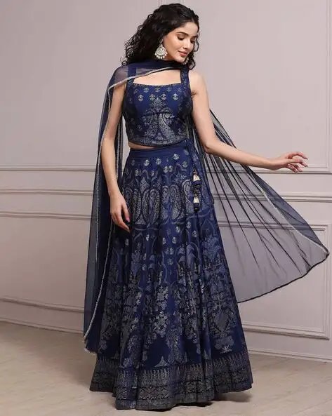 Blue Women Viscose Blend Printed Lehenga Set