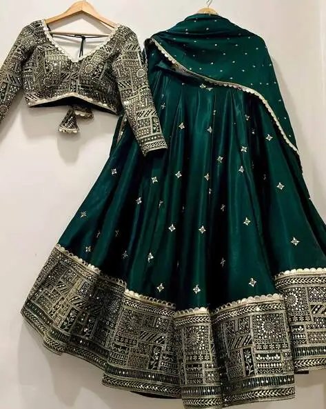 Green Women Embroidered Flared Lehenga Choli Set