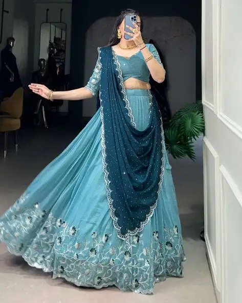 Sky Blue Women Embroidered Lehenga Choli Set With Dupatta