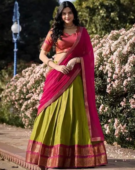Green Women Floral Woven Flared Lehenga Choli Set