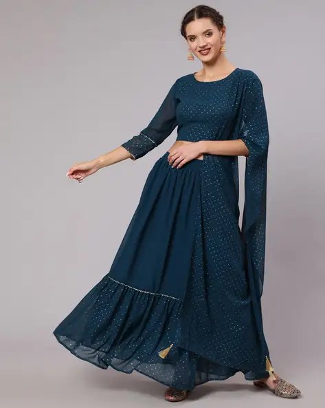 Kurti Blue Polka Dot Print Lehenga Choli Set With Dupatta