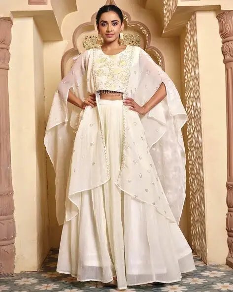 Off White Women Embellished Lehenga Choli Set