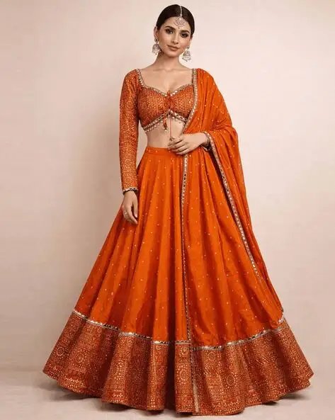 Orange Women Semi Stitched Lehenga Choli