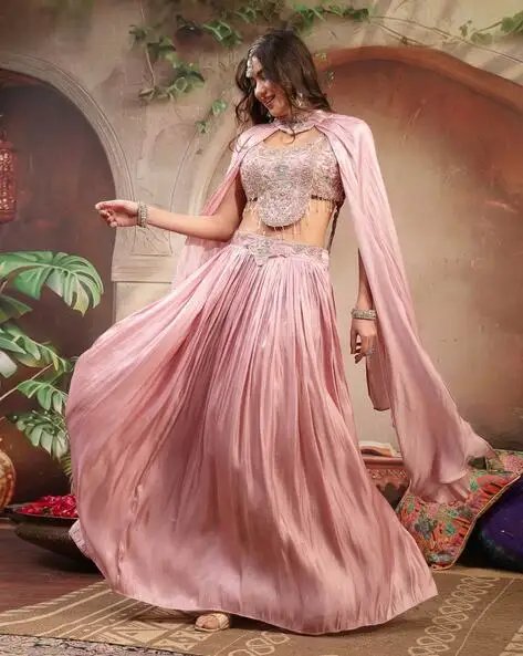 Pink Embroidery Lehenga Choli Set With Dupatta