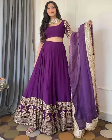 Purple Women Semi Stitched Lehenga Choli