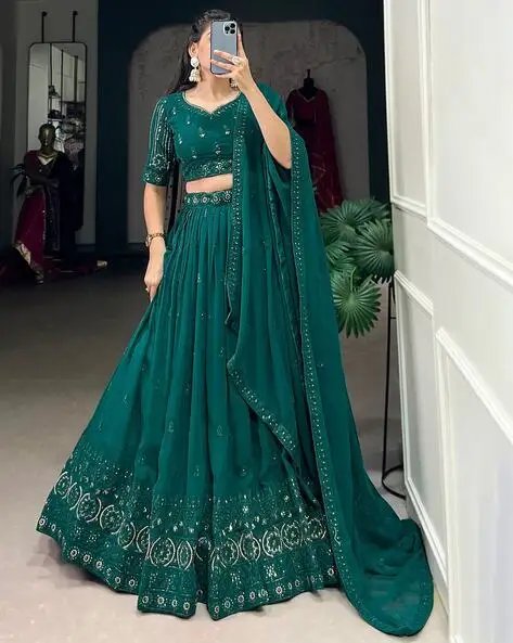 Dark Green Women Embroidered Lehenga Choli Set With Dupatta