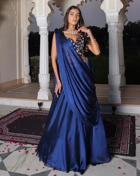 Blue Women Embroidered Flared Lehenga Choli Set