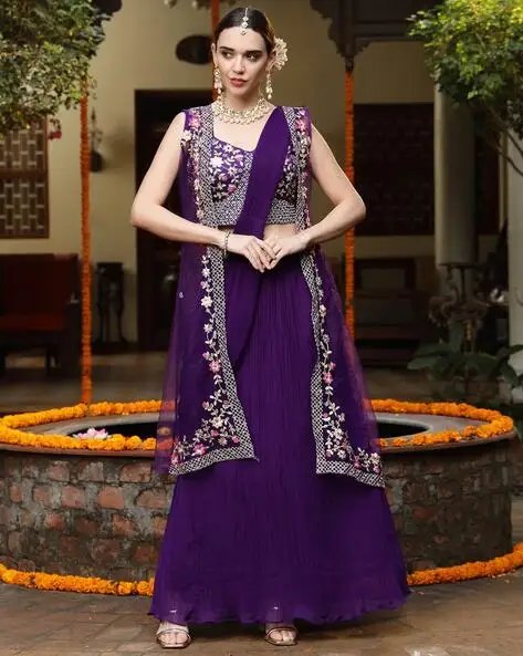 Purple Women Embroidered Lehenga Choli Set With Dupatta