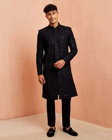 Black Men Embroidered Regular Fit Sherwani Set