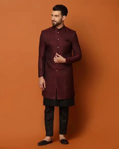 Men Texture Kurta Indowestern Sherwani Trouser Set