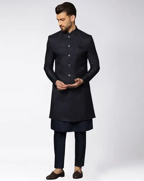 Navy Blue Men Texture Kurta Indowestern Sherwani