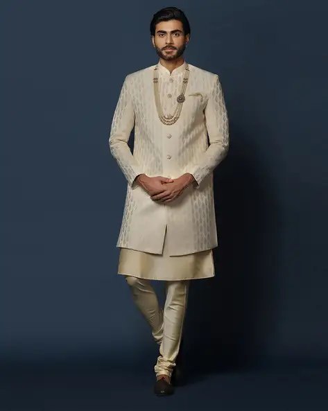 Cream Men Texture Kurta Indowestern Sherwani Churidar Set