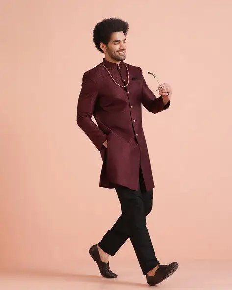 Maroon & Black Men Texture Indowestern Sherwani Trouser Set
