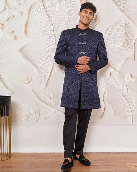 Navy Blue Men Self Design Sherwani Set