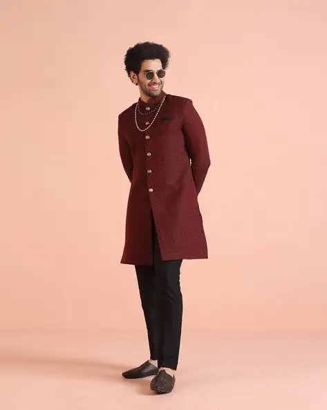 Maroon Men Texture Indowestern Sherwani Trouser Set
