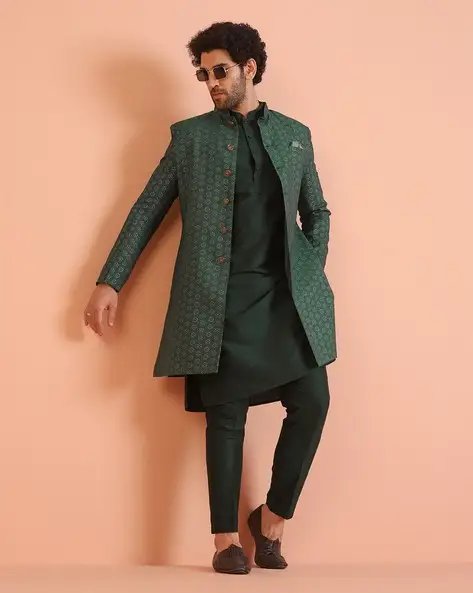 Green Men Geometric Sherwani Set