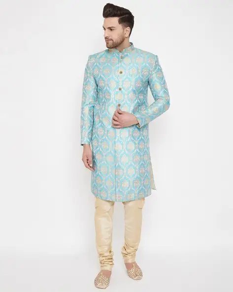Blue Self Design Tailored Fit Sherwani Set