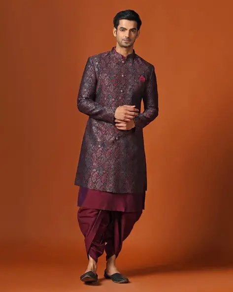 Men Texture Kurta Indowestern Sherwani Dhoti Set