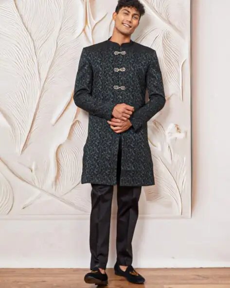 Green Men Self Design Sherwani Set