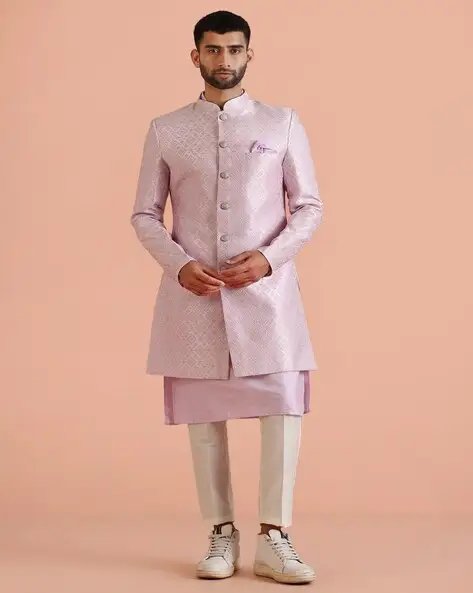 Purple Men Texture Kurta Indowestern Sherwani Trouser Set
