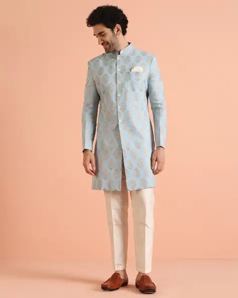 Blue Men Self Design Sherwani Set