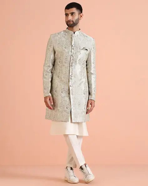 Grey Men Floral Woven Regular Fit Sherwani Set