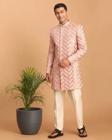 Pink Men Embellished & Embroidery Sherwani Set