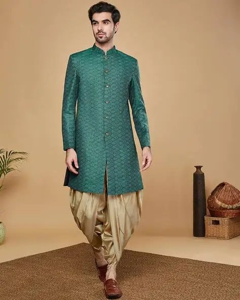 Green Men Self Design Regular Fit Sherwani Set