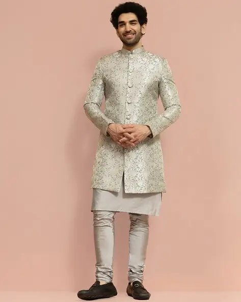 Grey Men Floral Sherwani Set