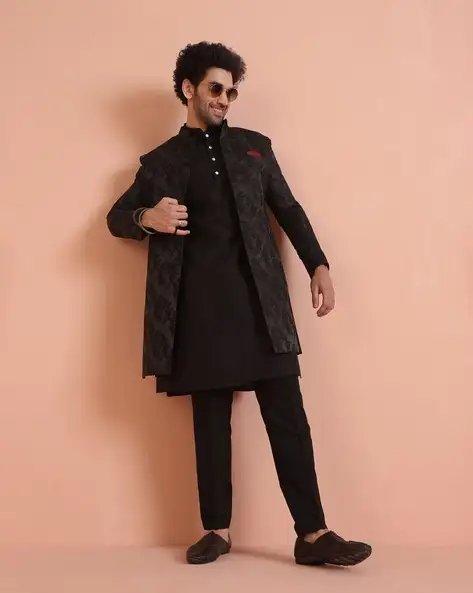 Black Men Embossed Kurta Indowestern Sherwani Trouser Set